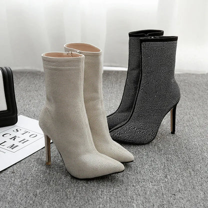 Crystal Thin High Heel Ankle Boots for Women Sexy Pointed Toe Short Boots Side Zipper Fashion Ladies Shoes