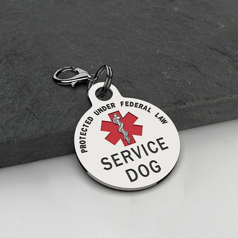 Service Dog Tag Federal Protection w/ Red Medical Alert Symbol Pet ID Tags Easily Attach to Collar Harness Vest Dog Service Tag