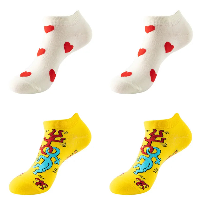 4pairs Funny animal Combed Cotton Fashion Hip Hop Man woman Oil Painting Socks Harajuku Skateboard outer space Happy love Socks