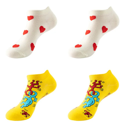 4pairs Funny animal Combed Cotton Fashion Hip Hop Man woman Oil Painting Socks Harajuku Skateboard outer space Happy love Socks