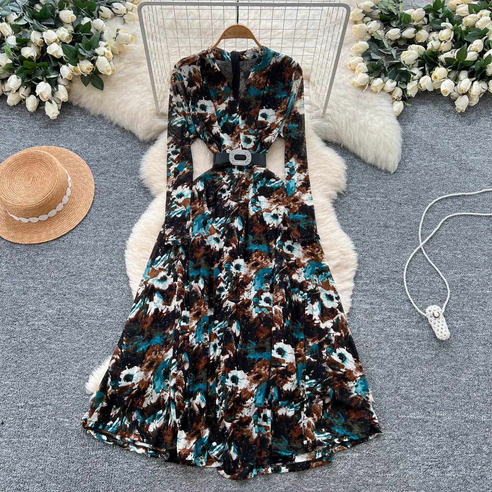 Summer Roman V-Neck Tunic Slim Bandage Casual Maxi Dress for Women Empire Printed Dress
