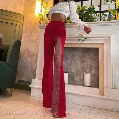 Street Fashion Flared Pants  Women Grenadine High Waist Pants for Women Glitter High Slit Boot Cut Flared Trousers 2021 Autumn