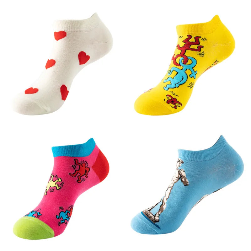 4pairs Funny animal Combed Cotton Fashion Hip Hop Man woman Oil Painting Socks Harajuku Skateboard outer space Happy love Socks