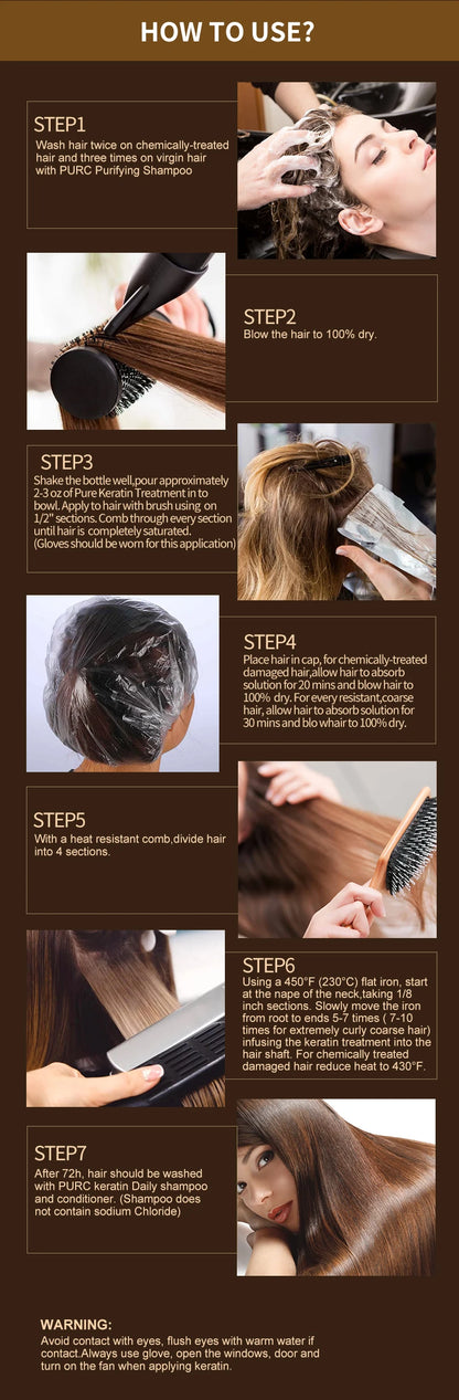 PURC Brazilian Keratin Hair Treatment Straightening Smoothing For Deep Curly Hair Treatment Professional Hair Care Products PURE