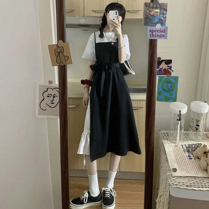Dress Women Summer Fashion Spaghetti Strap College Sweet Casual Japanese Style Streetwear Lace-up Female Soft High Waist Vintage