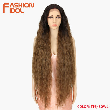 FASHION IDOL 42" Loose Wave Lace Front Wig Hair Synthetic Wigs For Women Ombre Blonde Water Wavy Long Curly Hair Wig Cosplay