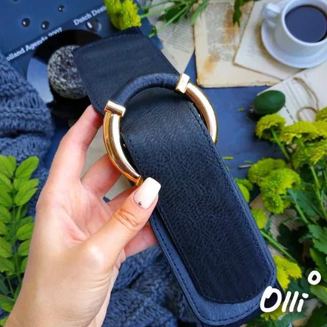 Women’s Elastic Stretch Wide Waist Belts w Wrapped Gold Circle Buckle