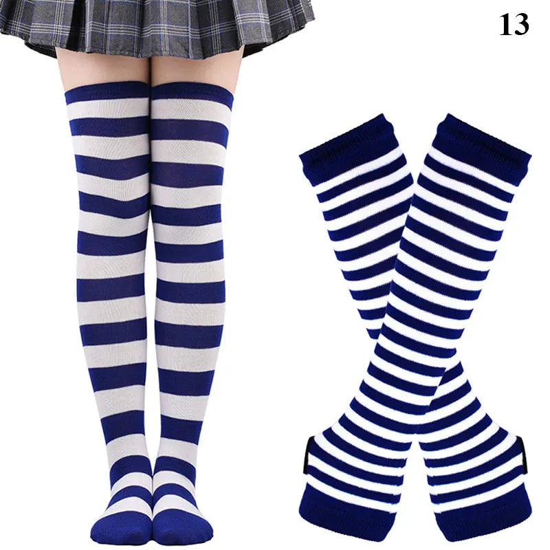 2Pair/Set Women Gothic Punk Over Knee Long Stripe Socks Girl Arm Sleeve Gloves Thigh High Cotton Socks Sweet Cute Christmas Gift