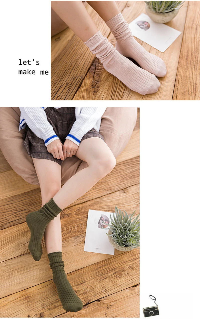 1 Pair Retro Women Cotton Loose Socks Autumn Winter Knitting Solid Color Long Black Korean Japanese Student Girls Stockings