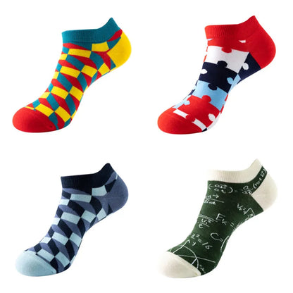 4 pairs Men's And Women's Latest Design Boat Socks Short Summer Socks Quality Business Geometric Lattice Colorful  Cotton Socks