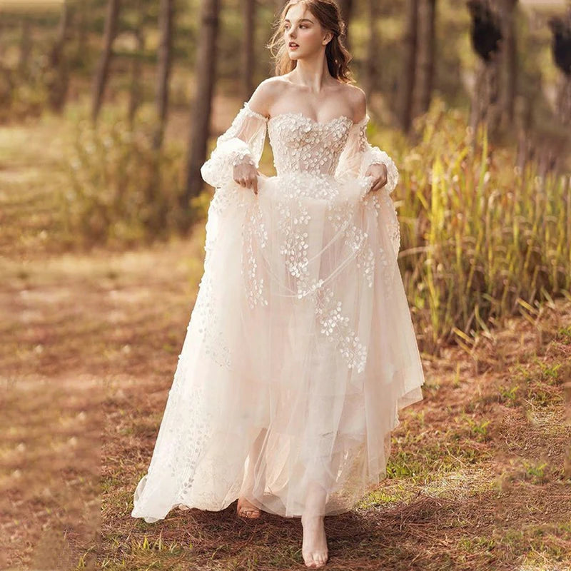 VIKTORIA Fashionable A-line Wedding Dresses for Women Sweetheart Long Sleeves Pleat Appliques Zipper Robe De Soiree De Mariage