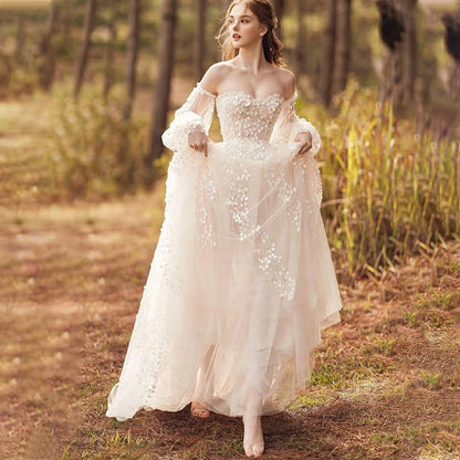 VIKTORIA Fashionable A-line Wedding Dresses for Women Sweetheart Long Sleeves Pleat Appliques Zipper Robe De Soiree De Mariage