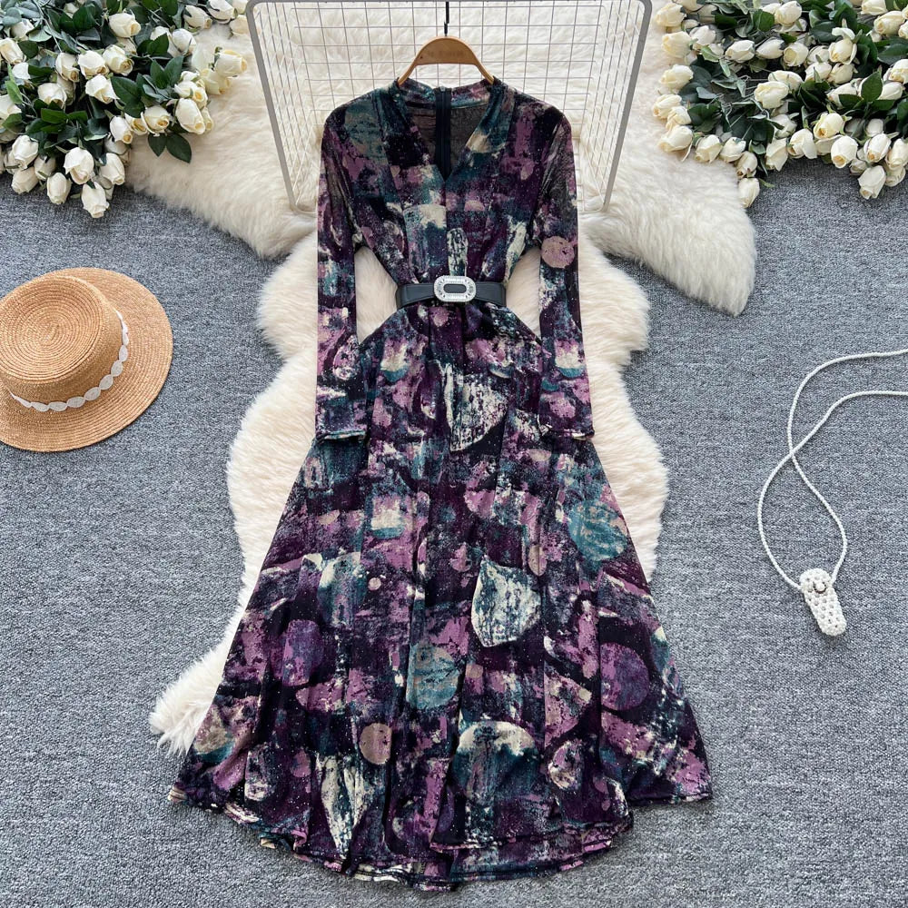 Summer Roman V-Neck Tunic Slim Bandage Casual Maxi Dress for Women Empire Printed Dress