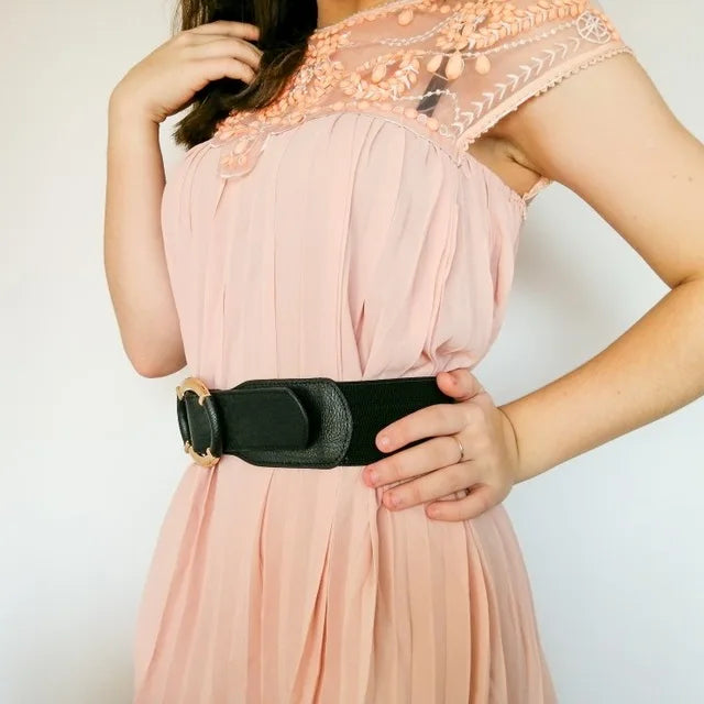 Women’s Elastic Stretch Wide Waist Belts w Wrapped Gold Circle Buckle