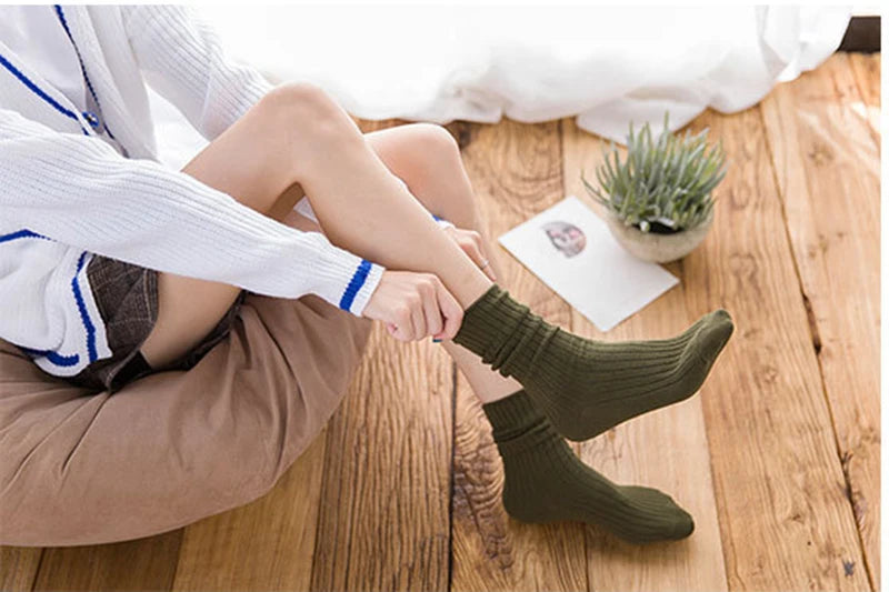 1 Pair Retro Women Cotton Loose Socks Autumn Winter Knitting Solid Color Long Black Korean Japanese Student Girls Stockings