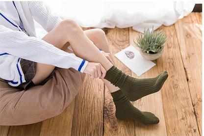 1 Pair Retro Women Cotton Loose Socks Autumn Winter Knitting Solid Color Long Black Korean Japanese Student Girls Stockings