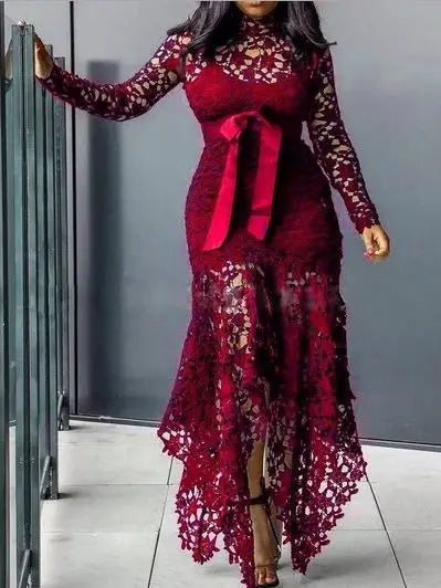 Top Seller Hollow Mesh Sexy Lace Long Sleeve Maxi Dresses Women Plus Size Dress Ladies Lace Decorated 2 Pieces Dress Big Sizes