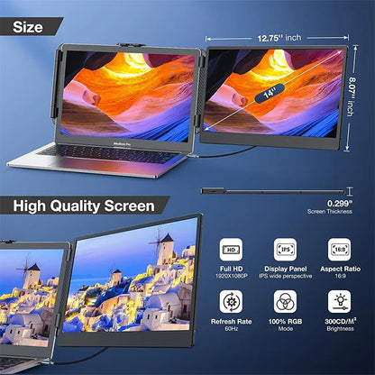 S1 Laptop Screen Extender 14" Portable Monitor for Laptop 13-17 Inch 1080P Dual Screen Monitor Extender