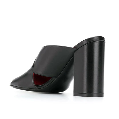 Plus Size Black PU Leather Ladies Shoes Peep Toe Chunky High Heels Mules Women Slippers With Heel Sandals