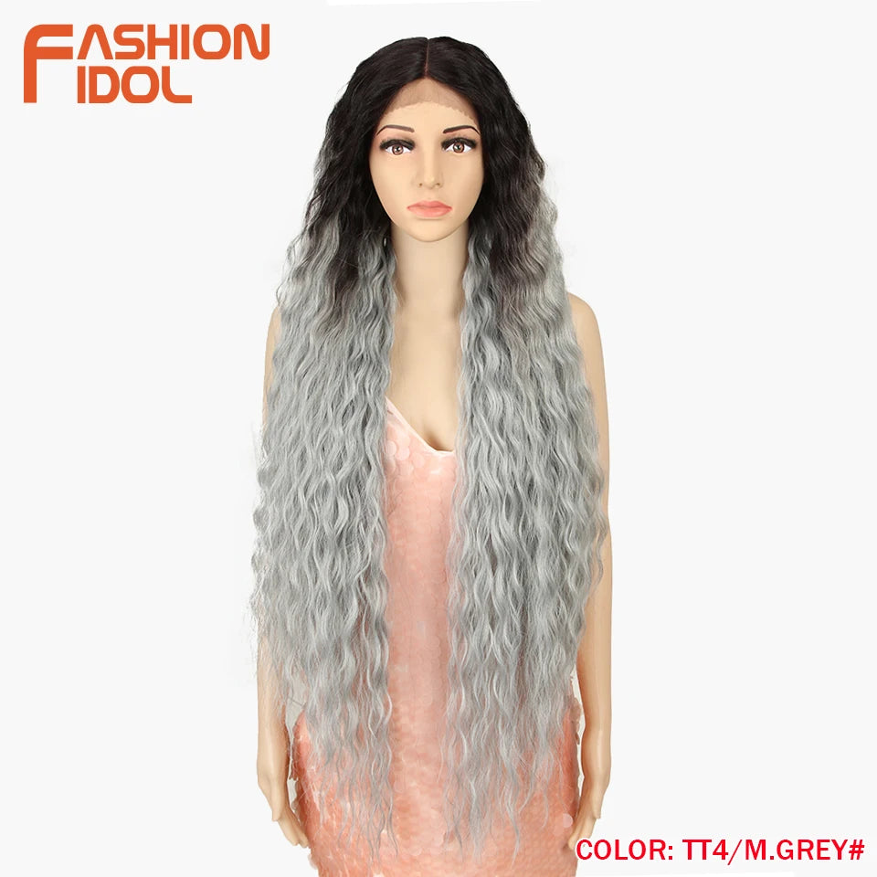 FASHION IDOL 42" Loose Wave Lace Front Wig Hair Synthetic Wigs For Women Ombre Blonde Water Wavy Long Curly Hair Wig Cosplay