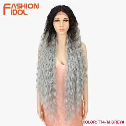 FASHION IDOL 42" Loose Wave Lace Front Wig Hair Synthetic Wigs For Women Ombre Blonde Water Wavy Long Curly Hair Wig Cosplay