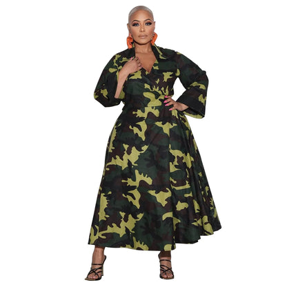 N8038 Cross-border Large-sized African Women's Clothing Autumn New Style Lace-up Irregular Dress With Large Swing Long-sleeved