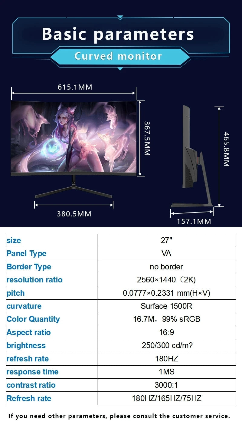 Hot Selling New 27 Inch 2560x1440 120Hz IPS Curved Gaming Monitor for PC Desktop with Quad-HD Display