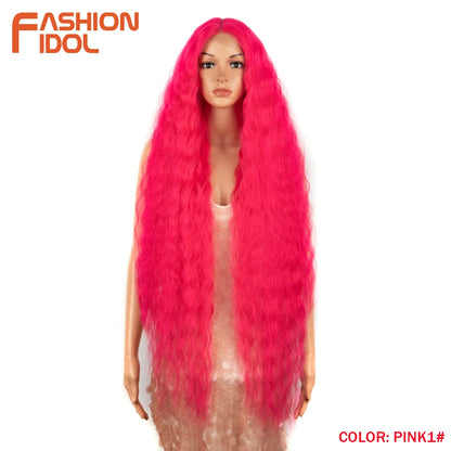 FASHION IDOL 42" Loose Wave Lace Front Wig Hair Synthetic Wigs For Women Ombre Blonde Water Wavy Long Curly Hair Wig Cosplay
