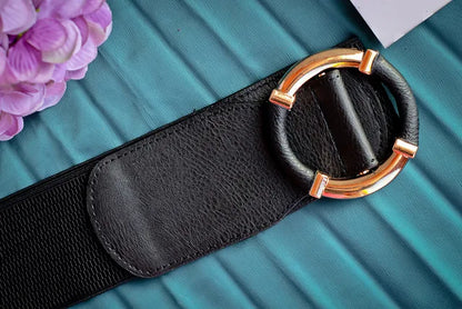 Women’s Elastic Stretch Wide Waist Belts w Wrapped Gold Circle Buckle