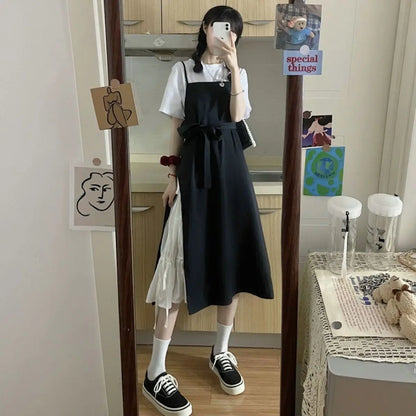 Dress Women Summer Fashion Spaghetti Strap College Sweet Casual Japanese Style Streetwear Lace-up Female Soft High Waist Vintage