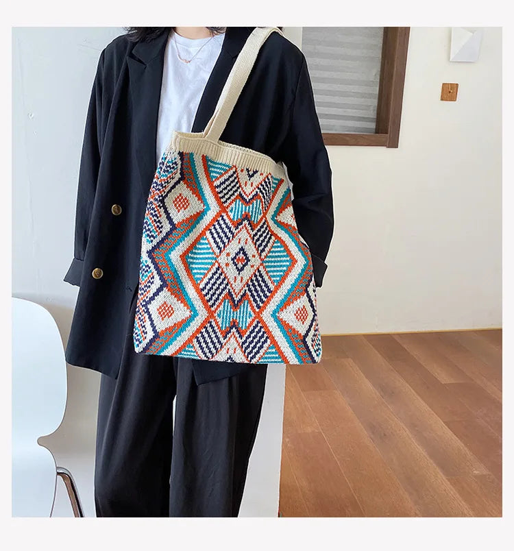 Lady Knitting Gypsy Bohemian Boho Chic Aztec Tote Bag Women Crochet Woolen Open Shopper Top-handle Bag 2022 Female Daily Handbag