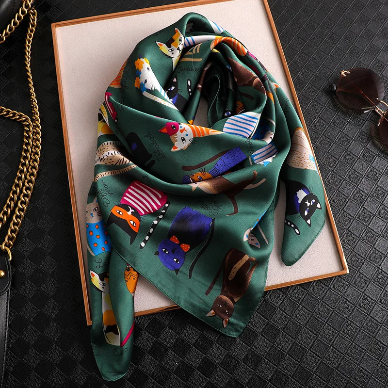 Spring and summer NEW Luxury Brand 90x90cm Silk Square Scarf Women Tie Hairband Cat printed Scarves Female Foulard scarf stores