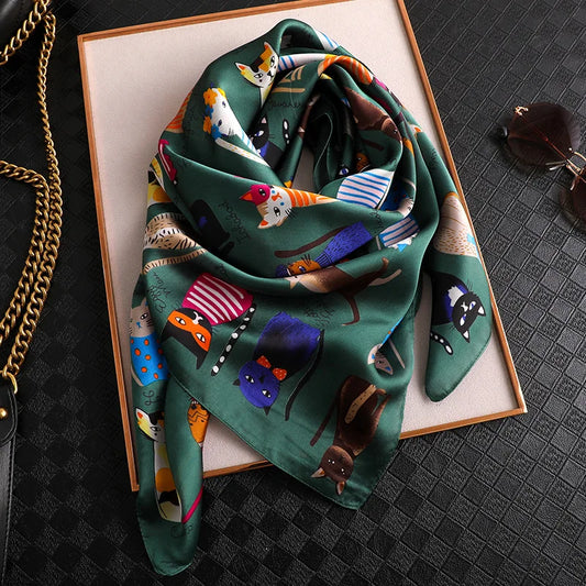 Spring and summer NEW Luxury Brand 90x90cm Silk Square Scarf Women Tie Hairband Cat printed Scarves Female Foulard scarf stores