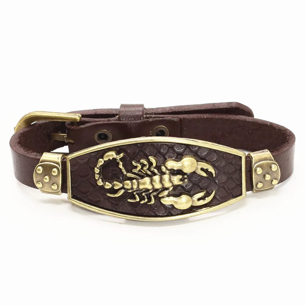 Alloy Scorpion Charm Braided Leopard Genuine Men Leather Bracelets For Women Wrap Wristbands Bangles Homme Wholesale Jewel