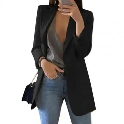 Summer Women Jacket Lapel All match Open Front Stylish Office Lady Slim Suit Overcoat Solid Color Long Blazer