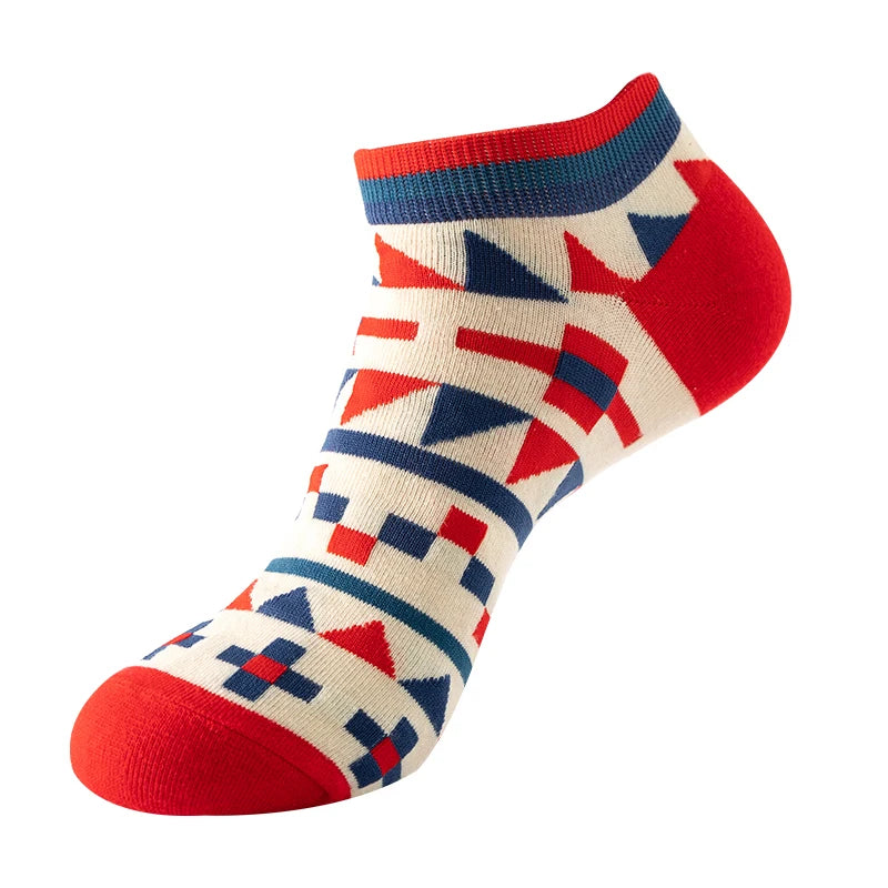 4 pairs Men's And Women's Latest Design Boat Socks Short Summer Socks Quality Business Geometric Lattice Colorful  Cotton Socks
