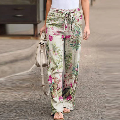 Women Long Pants 2024 Spring Fashion High Waist Drawstring Straight Loose Pants Vintage Printed Casual Ladies Wide-Leg Pant