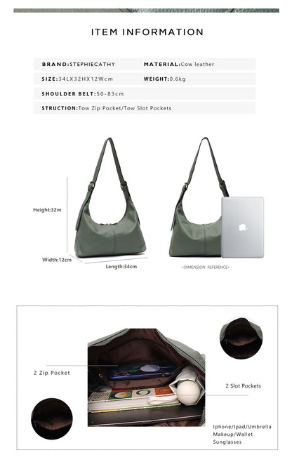 SC Luxury Women Cowhide Crossbody Bag Large Casual Shoulder Purse Wide Strap Handbag Female Daily 100% Genuine Leather Hobo Sack