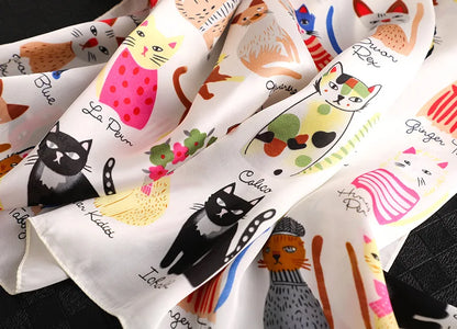 Spring and summer NEW Luxury Brand 90x90cm Silk Square Scarf Women Tie Hairband Cat printed Scarves Female Foulard scarf stores