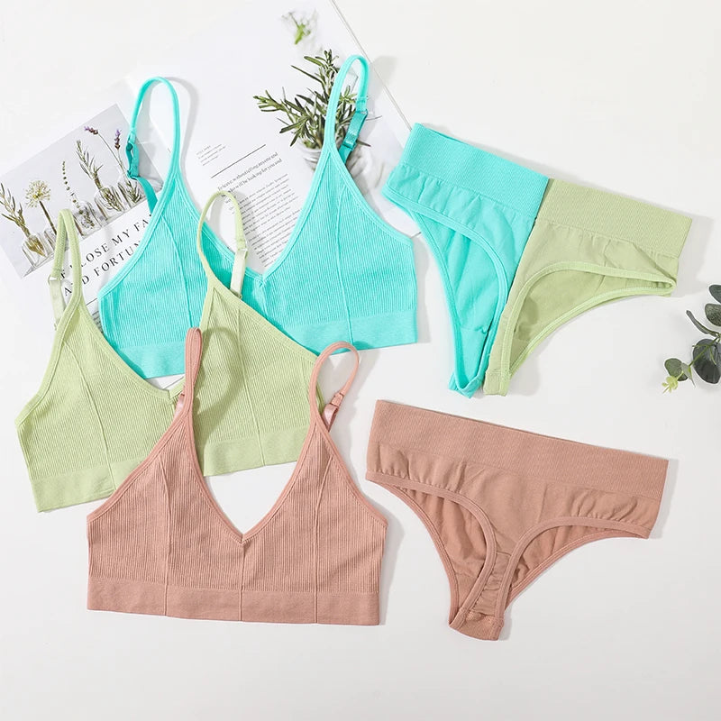 Women Bra Set Seamless Bra V Neck Tops High Waist Thongs Underwear Bralette Comfort Wire Free Brassiere Lingerie Set