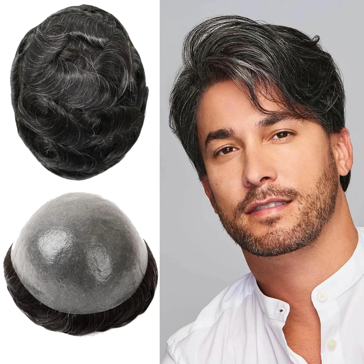 Men's Toupee #1B10 Full PU Base V-loops 8x10 Inches 130% High Density Human Hair Black Thin Skin 0.06 mm BOSQUE Beauty