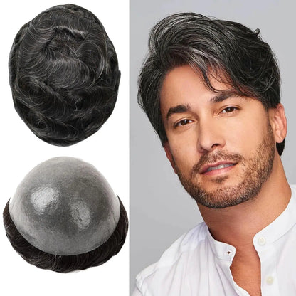 Men's Toupee #1B10 Full PU Base V-loops 8x10 Inches 130% High Density Human Hair Black Thin Skin 0.06 mm BOSQUE Beauty