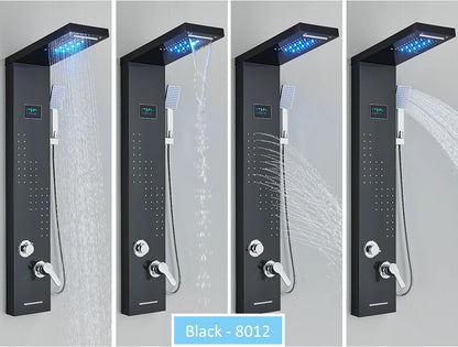 LED Shower Panel Tower System Rain Waterfall Shower Column Hydroelectricity LCD Display With Massage Body Spa Bath Shower Faucet