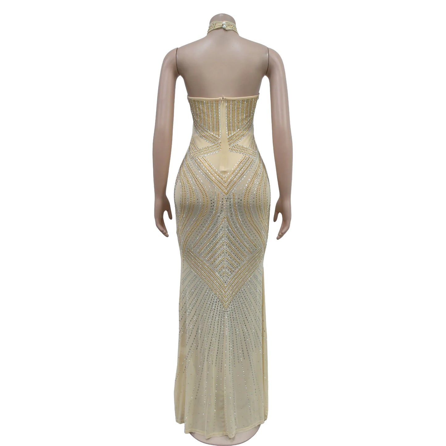 C6811 Luxury Mermaid Evening Dresses Women Solid Color Mesh Rhinestone Halter Backless Long Dress Women Party Dress