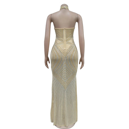 C6811 Luxury Mermaid Evening Dresses Women Solid Color Mesh Rhinestone Halter Backless Long Dress Women Party Dress
