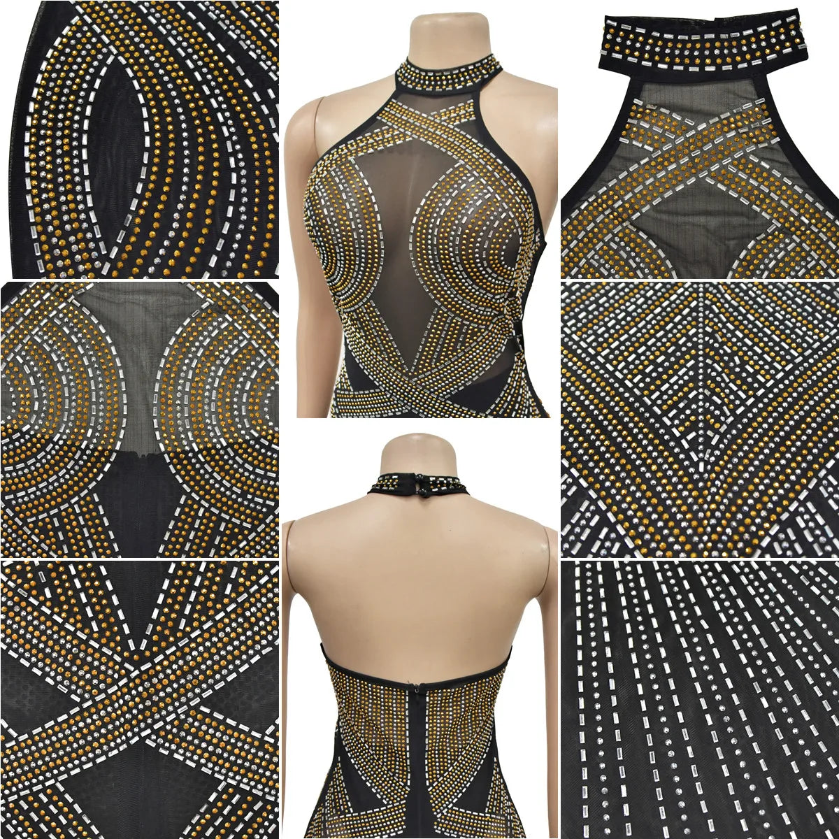 C6811 Luxury Mermaid Evening Dresses Women Solid Color Mesh Rhinestone Halter Backless Long Dress Women Party Dress