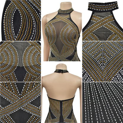 C6811 Luxury Mermaid Evening Dresses Women Solid Color Mesh Rhinestone Halter Backless Long Dress Women Party Dress