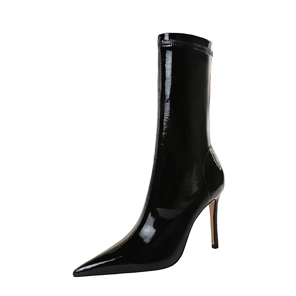 315-13 BIGTREE New Women's Boots for 2020 Slimming High Heels for Women Elastic Patent Leather Ankle Boots Pointy Ladies' Shoes