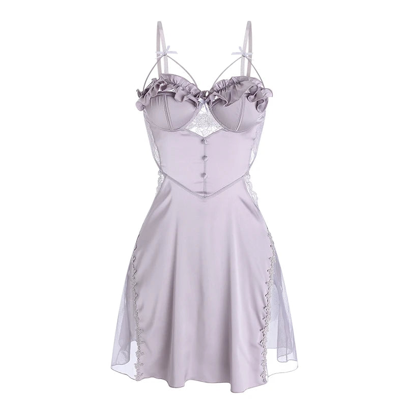 Swdsatin Backless Lace Splice Flounce Add Bra Pad Slip Nightdress Robe Set Sexy Underwear