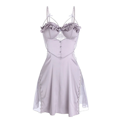 Swdsatin Backless Lace Splice Flounce Add Bra Pad Slip Nightdress Robe Set Sexy Underwear